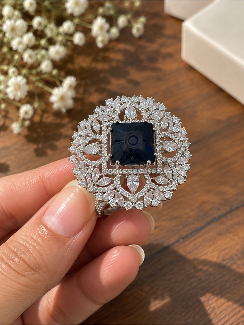 Sterling Silver Deep Blue Square Halo Cocktail Ring